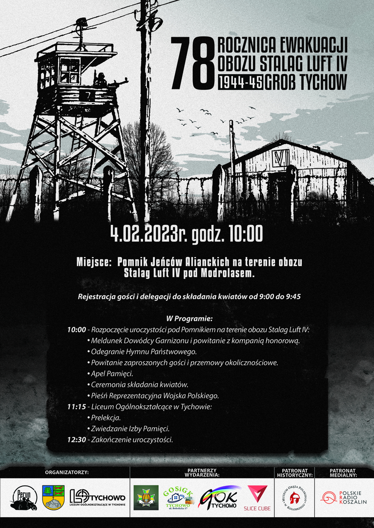 na zdjęciu plakat informujący o uroczystości obchodów 78. Rocznicy Ewakuacji Obozu STALAF LUFT IV