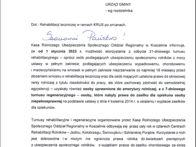 materiał informacyjny dot. rehabilitacji leczniczej w KRUS po zmianach