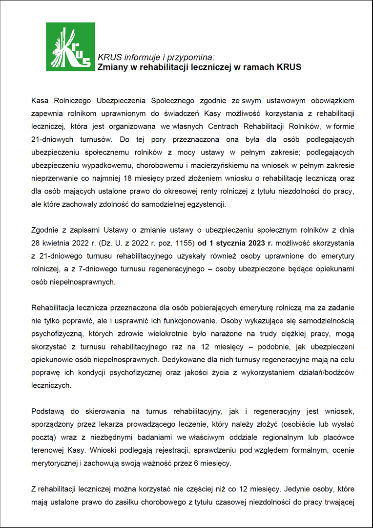 materiał informacyjny dot. rehabilitacji leczniczej w KRUS po zmianach