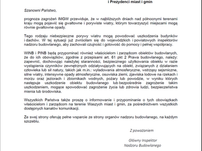 pismo od głównego inspektora nadzoru budowlanego