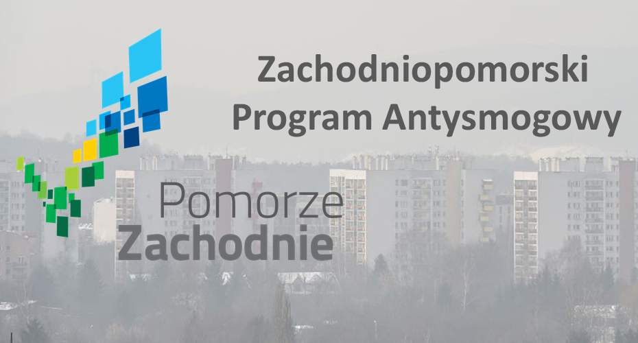 W tle widać budynki i bloki. Duży napis zachodniopomorski Program Antysmogowy oraz Pomorze Zachodnie.