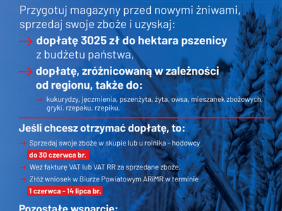 Na plakacie znajdują się informacje o nowych stawkach dopłat dla rolników