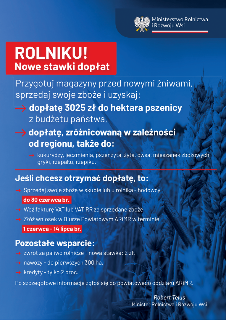 Na plakacie znajdują się informacje o nowych stawkach dopłat dla rolników