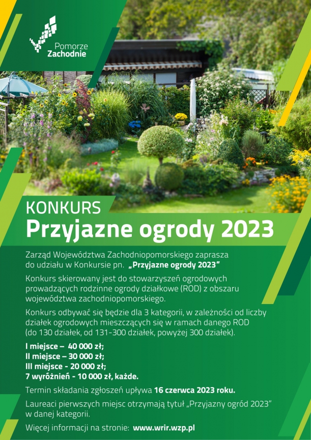 Na plakacie zamieszczone są informacje dotyczące konkursu Przyjazne ogrody 2023