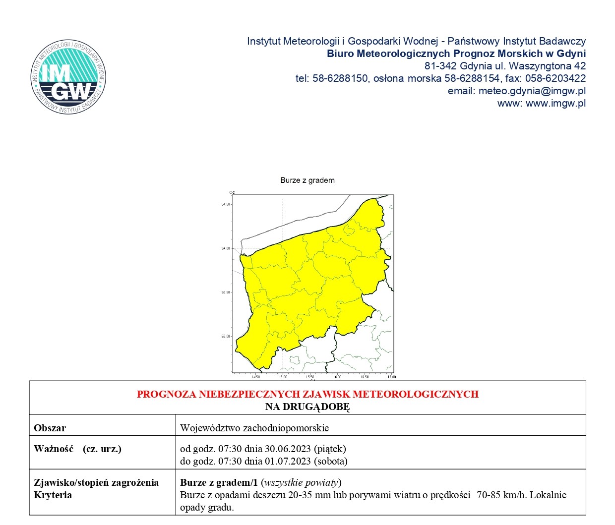 PROGNOZA NIEBEZPIECZNYCH ZJAWISK METEOROLOGICZNYCH
