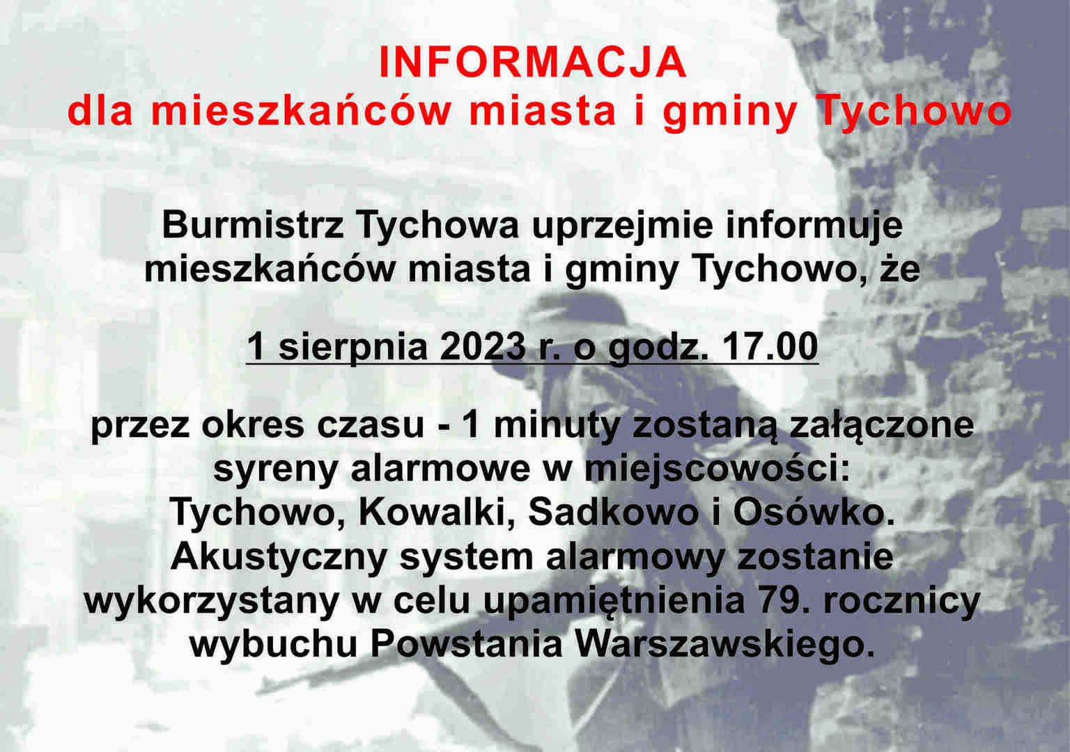 INFORMACJA dla mieszkańców miasta i gminy Tychowo
