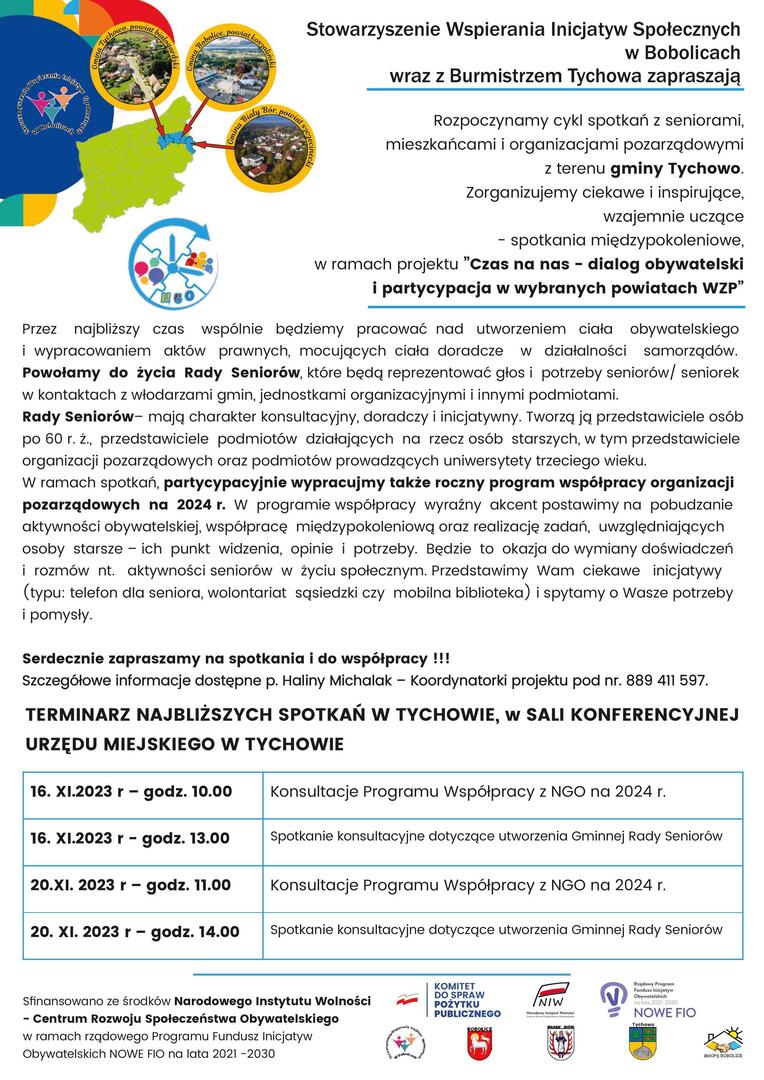 U góry grafiki znajduje się napis: Stowarzyszenie Wspierania Inicjatyw Społecznych w Bobolicach wraz z Burmistrzem Tychowa zapraszają...