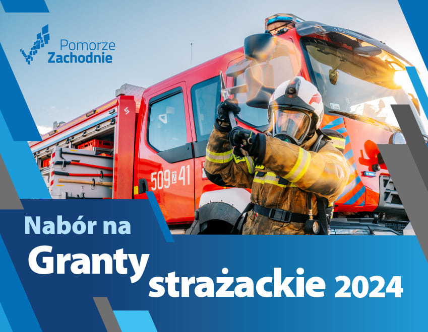 Na zdjęciu widnieje wóz strażacki oraz strażak. Widnieje także napis: Nabór na granty strażackie 2024. 