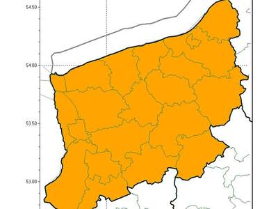 Na zdjęciu dotyczącym ostrzeżenia 2 mapa województwa zachodniopomorskiego z wyszczególnieniem obszarów występowania silnego wiatru