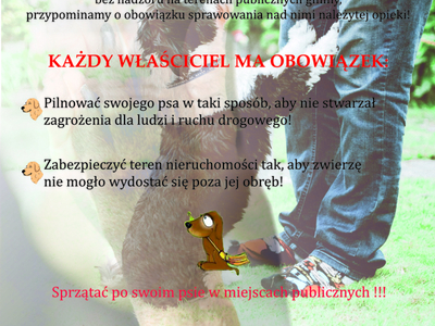 plakat dla mieszkańców Gminy Tychowo przedstawiający informację o obowiązku pilnowania psów przez ich właścicieli