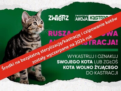 plakat informujący o wyczerpaniu środków na kastracje/sterylizację kotów w Gminie Tychowo w 2024 roku