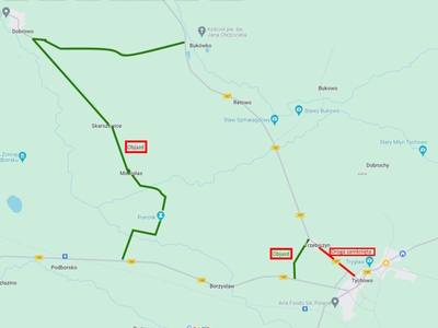 Na zdjęciu mapa ze wskazaniem zamkniętej drogi oraz wyznaczonymi trasami objazdu