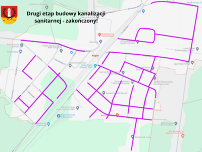 Mapa poglądowa z zaznaczonym zakresem II etapu budowy sieci kanalizacyjnej