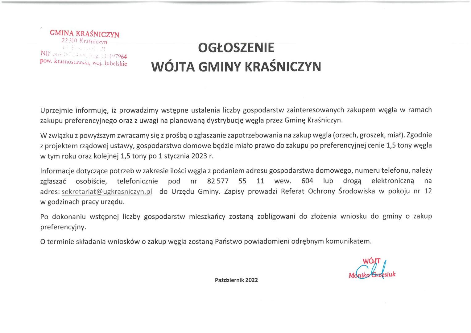 Ogłoszenie Wójta Gminy Kraśniczyn