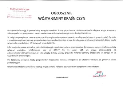 Ogłoszenie Wójta Gminy Kraśniczyn