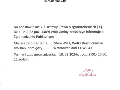 Informacja o zgromadzeniu publicznym