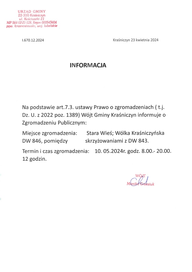 Informacja o zgromadzeniu publicznym