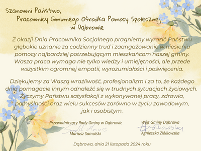 Życzenia Wójta Gminy na Dzień Pracownika Socjalnego.