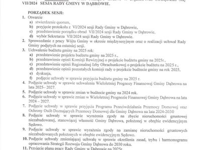 Ogłoszenie o VII/2024 sesji Rady Gminy w Dąbrowie w dniu 11 grudnia 2024 roku.