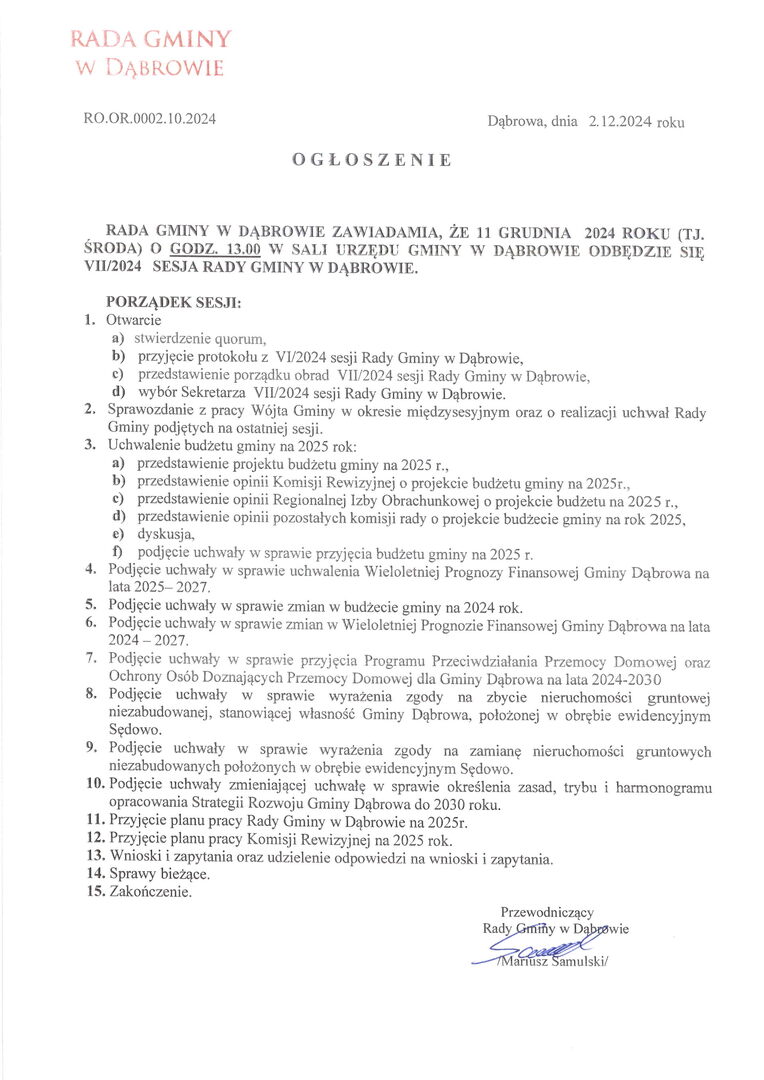 Ogłoszenie o VII/2024 sesji Rady Gminy w Dąbrowie w dniu 11 grudnia 2024 roku.