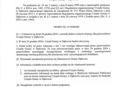 Zarządzenie Wójta Gminy Dąbrowa Nr 74/2024 z dnia 6 grudnia 2024 roku w sprawie ustanowienia dnia wolnego od pracy dla pracowników Urzędu Gminy w Dąbrowie