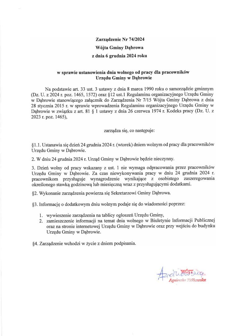 Zarządzenie Wójta Gminy Dąbrowa Nr 74/2024 z dnia 6 grudnia 2024 roku w sprawie ustanowienia dnia wolnego od pracy dla pracowników Urzędu Gminy w Dąbrowie