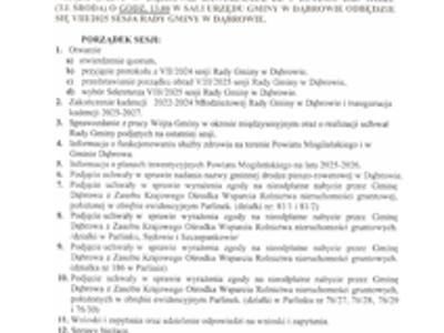 Ogłoszenie o VIII/2025 sesji Rady Gminy w Dąbrowie w dniu 5 lutego 2025 roku.