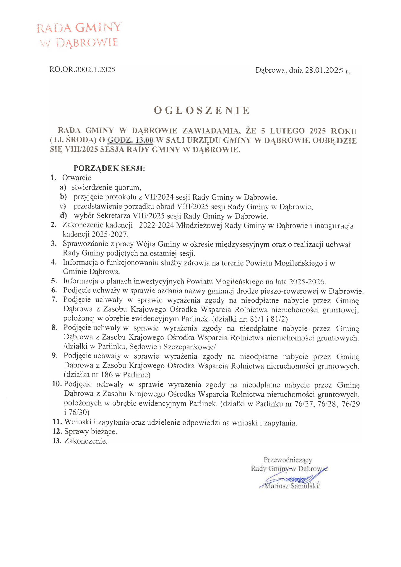 Ogłoszenie o VIII/2025 sesji Rady Gminy w Dąbrowie w dniu 5 lutego 2025 roku.