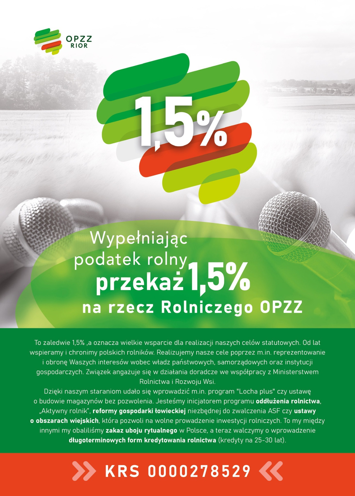 Grafika dot. przekazywania 1,5% pdatku rolnego na organizacje rolnicze.