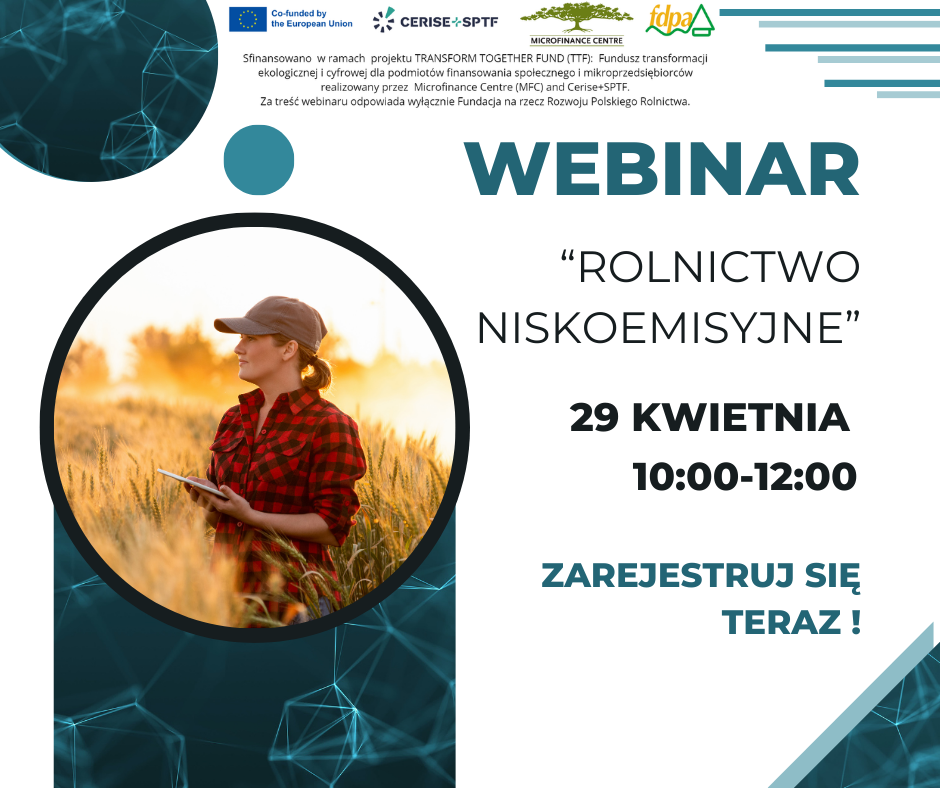Plakat informacyjny o szkoleniu dot. rolnictwa niskoemisyjnego.