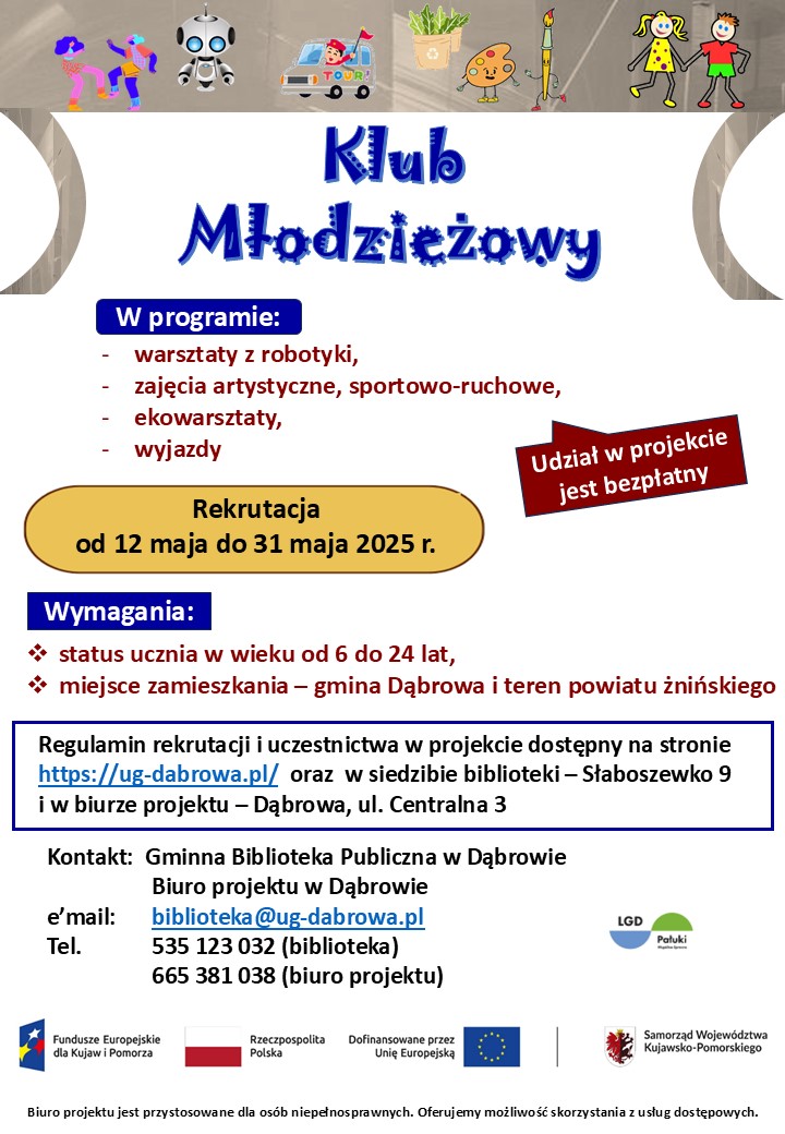 Na plakacie podano ofertę rekrutacyjną do Klubu Młodzieżowego.  