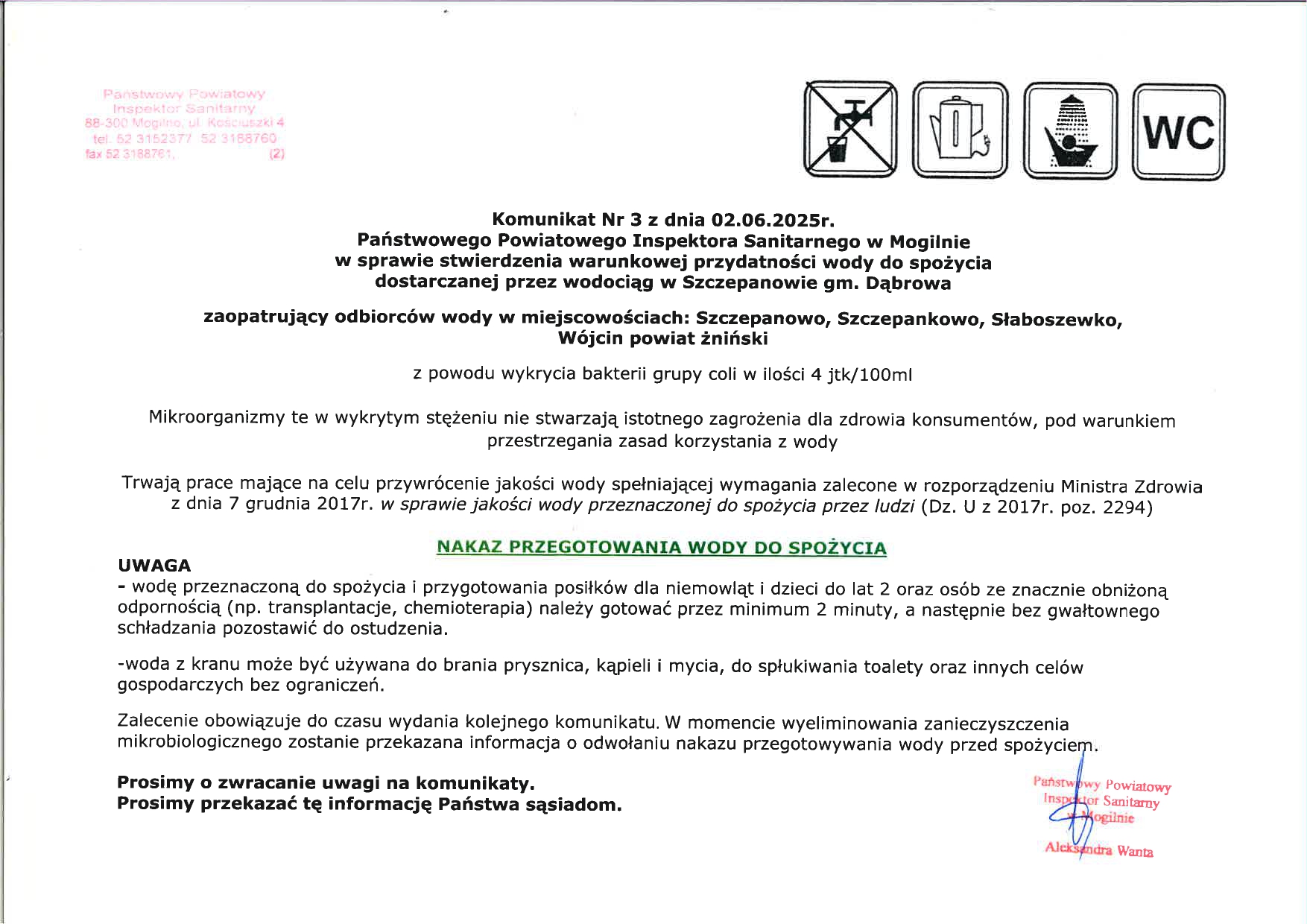 Kominikat Sanepidu.