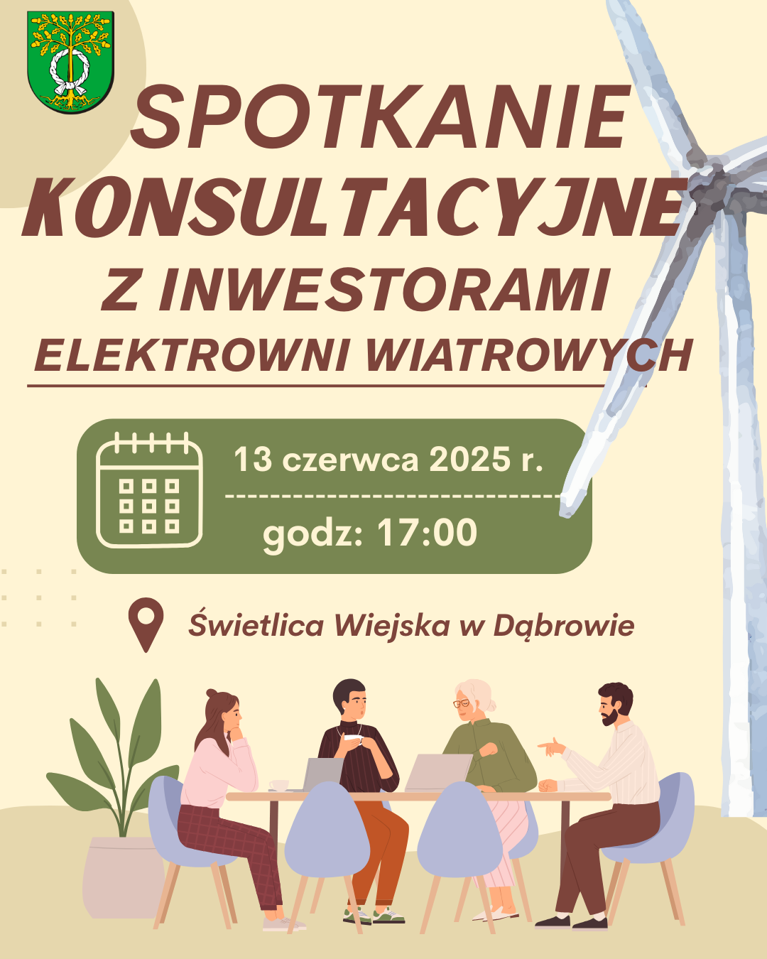 Ogłoszenie o spotkaniu konsultacyjnym w sprawie budowy wiatraków.