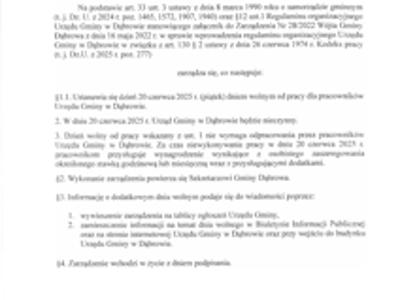 Zarządzenie Nr 336/2025 Wójta Gminy Dąbrowa w sprawie ustanowienia dnia wolnego od pracy.