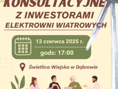 Plakat informujący o spotkaniu w sprawie elektrowni wiatrowych.