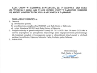 Ogłoszenie o XII/2025 nadzwyczajnej sesji Rady Gminy w Dąbrowie w dniu 17 czerwca 2025 roku.