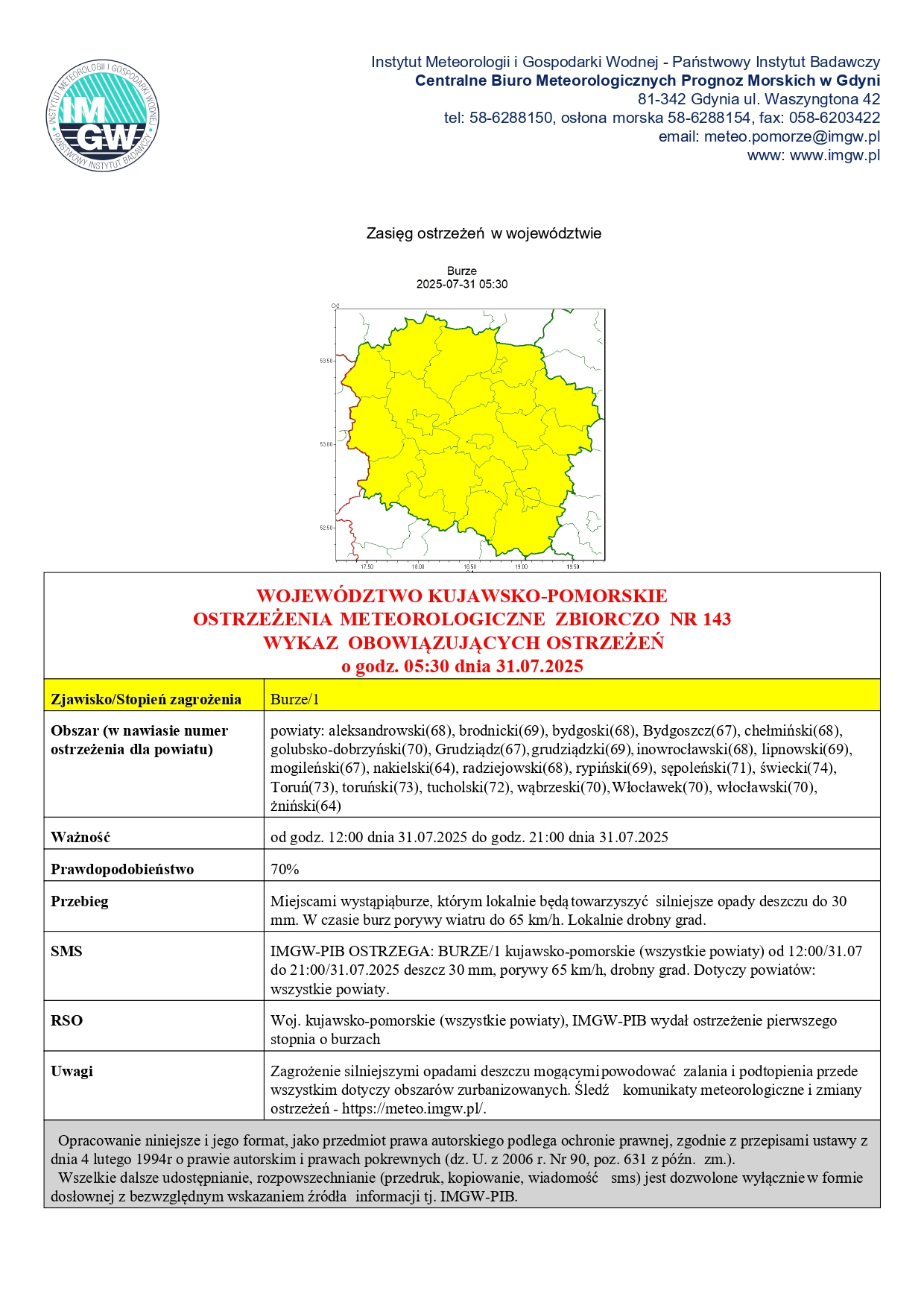 Komunikat meteorologiczny - ostrzeżenie przed burzami.