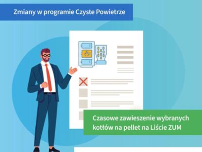 Grafika. Komunikat Ministerstwa Klimatu i Środowiska w sprawie czasowego zawieszenia wybranych kotłów na pellet.