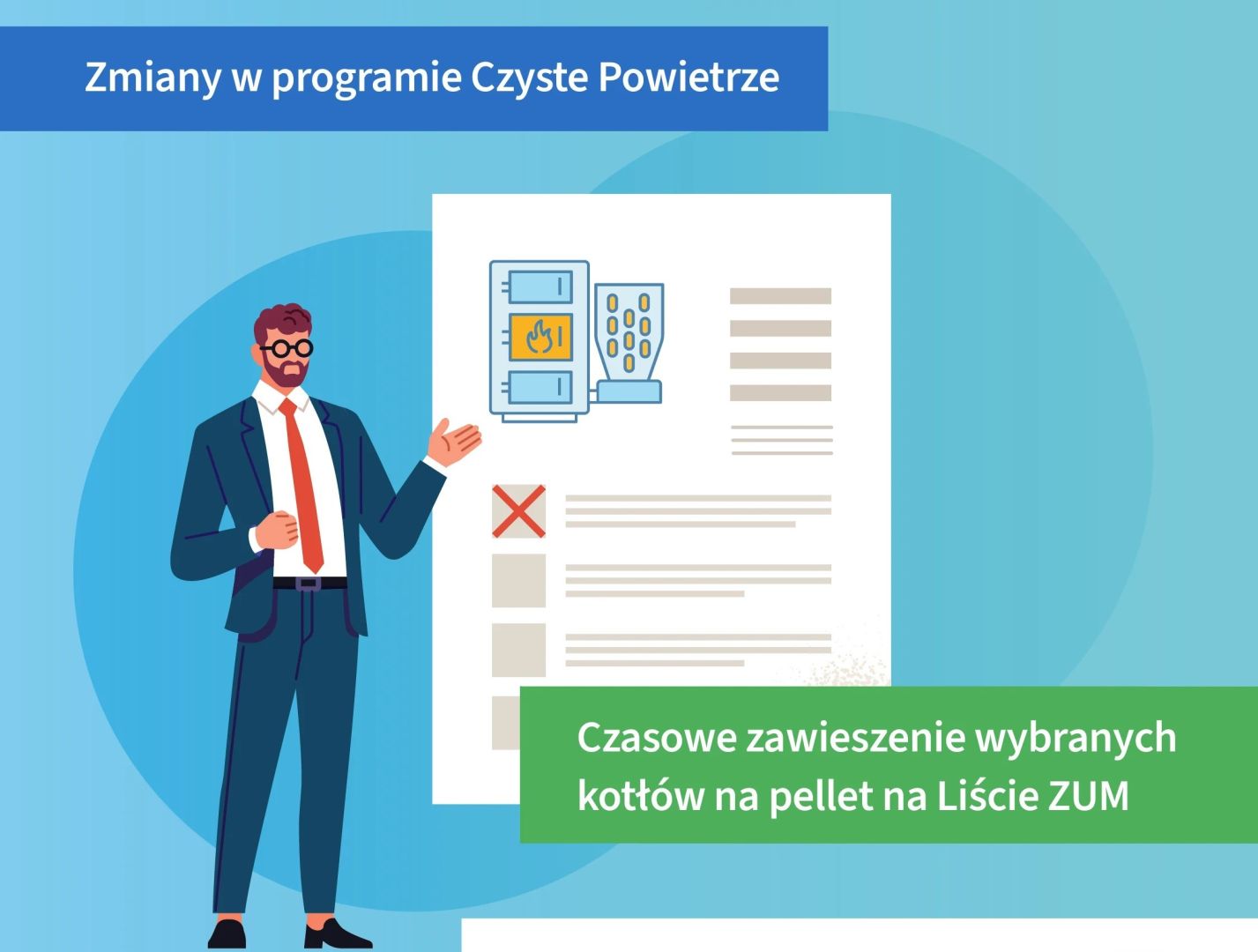 Grafika. Komunikat Ministerstwa Klimatu i Środowiska w sprawie czasowego zawieszenia wybranych kotłów na pellet.