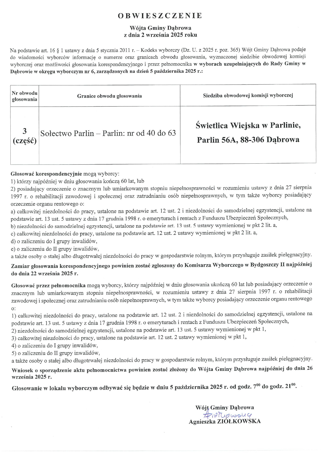 Obwieszczenie Wójta Gminy Dąbrowa z dnia 2 września 2025 roku