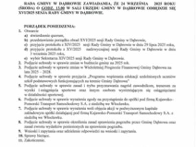 Ogłoszenie o XVI/2025 sesji Rady Gminy w Dąbrowie w dniu 24 wrzesnia 2025 roku