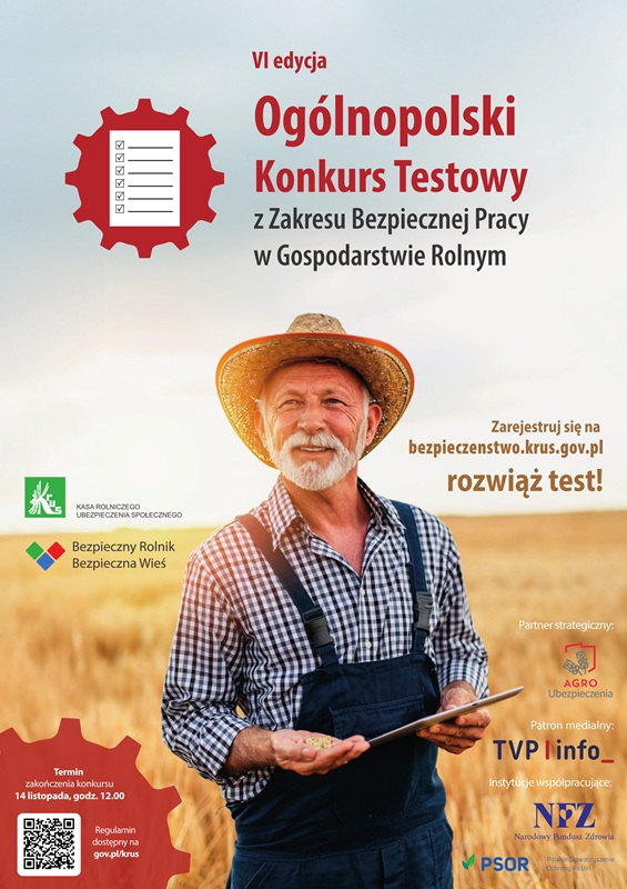 grafika: Zaproszenie Oddziału Regionalnego KRUS do wzięcia udziału w VI edycji Ogólnopolskiego Konkursu Testowego z Zakresu Bezpiecznej Pracy w Gospodarstwie Rolnym Dobrostan Rolnika