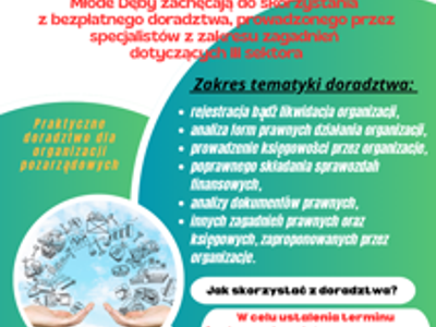 Plakat informacyjny o bezpłatnym doradztwie dla organizacji pozarządowych.