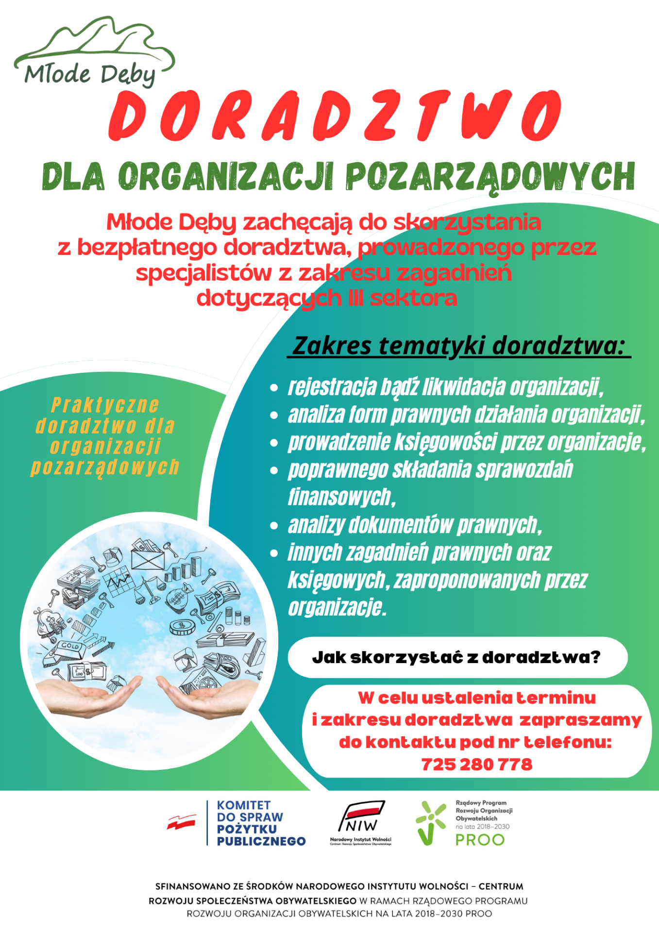 Plakat informacyjny o bezpłatnym doradztwie dla organizacji pozarządowych.