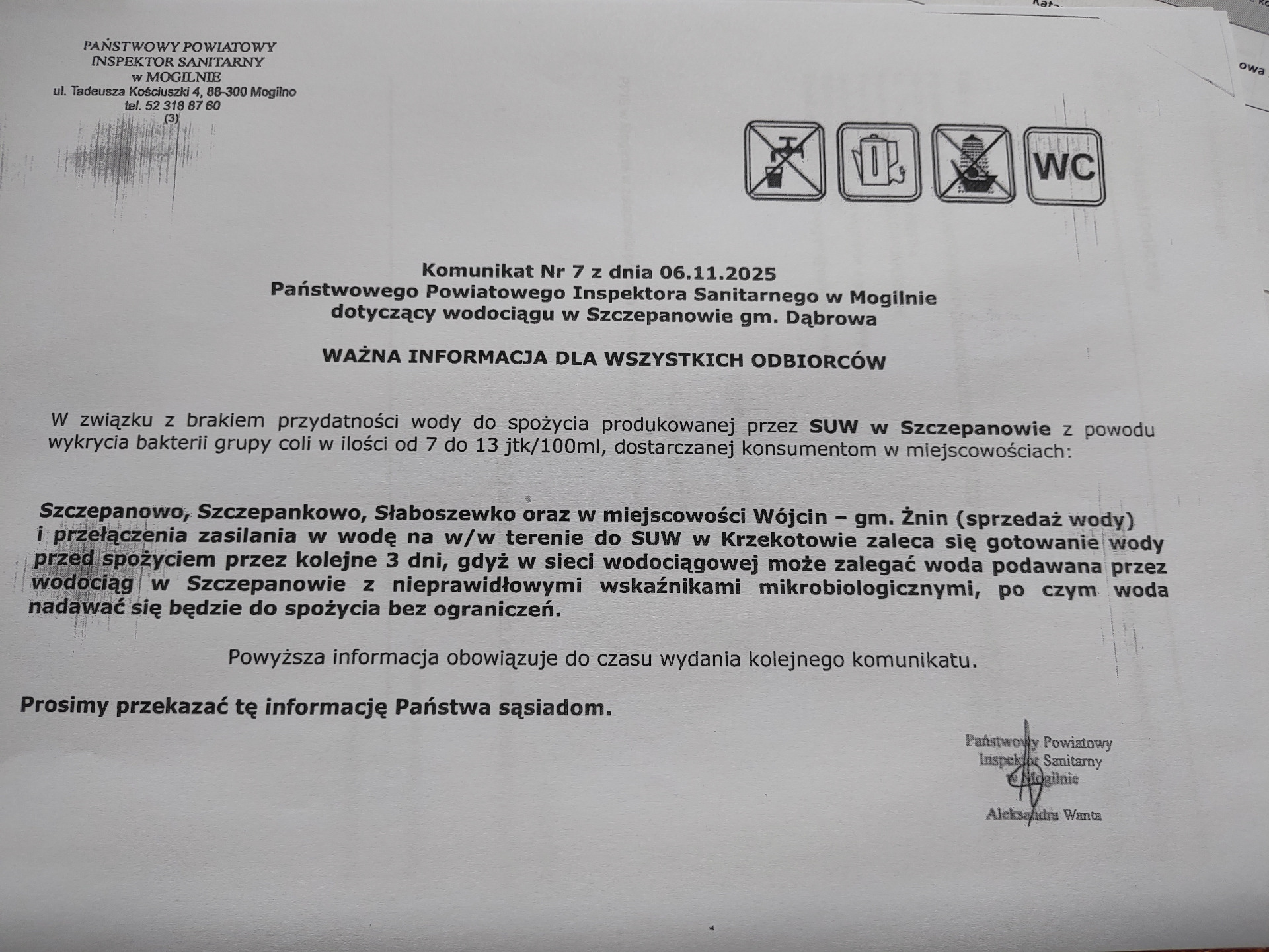 Komunikat Sanepidu o jakości wody.