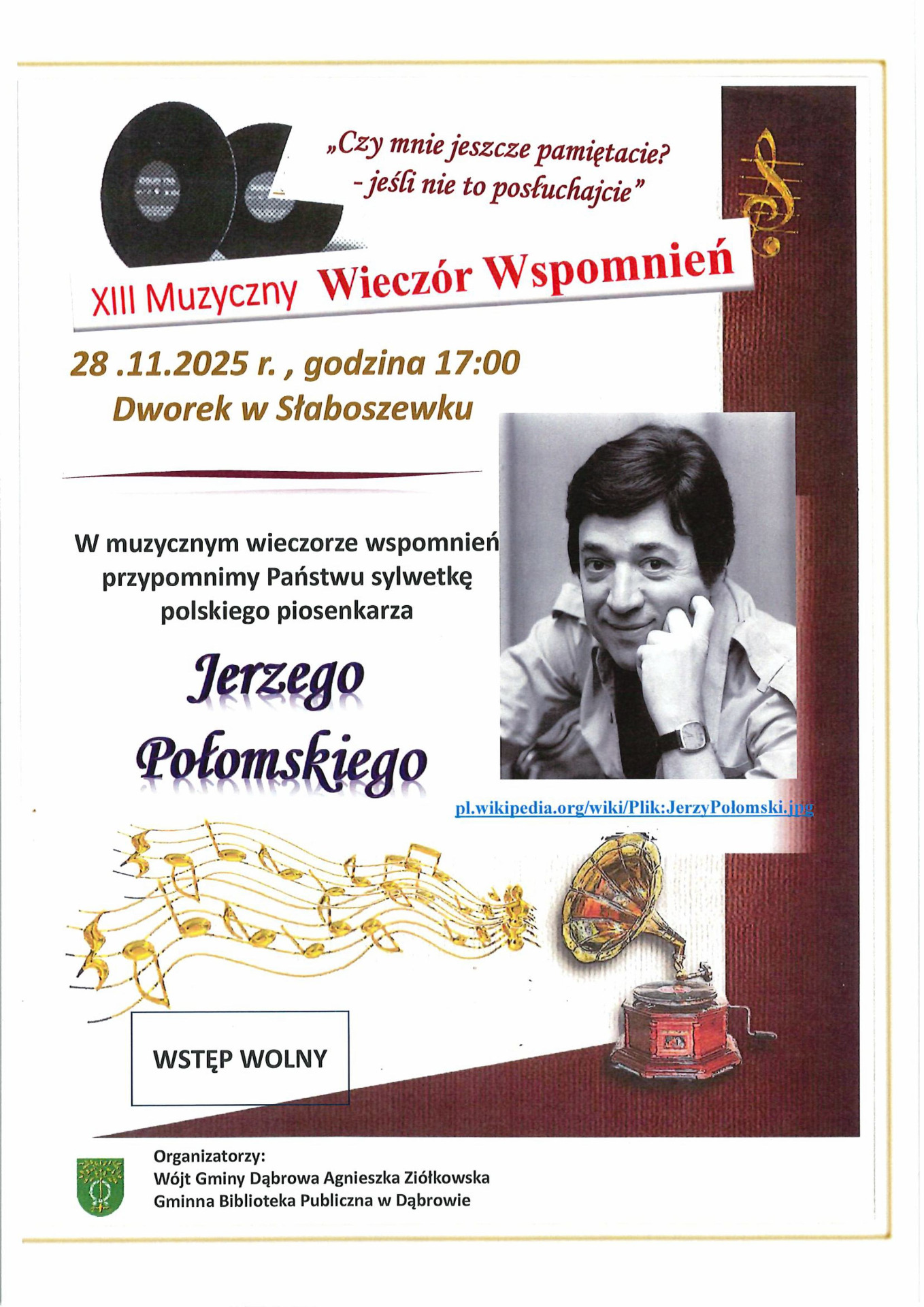 Plakat - zaproszenie n muzyczny wieczór wspomnień.