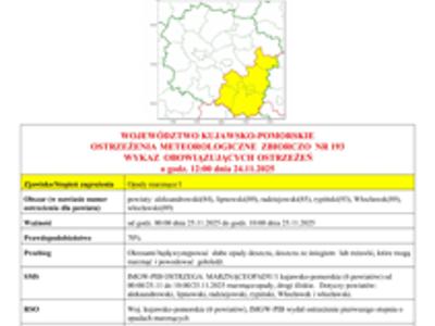 Komunikat meterologiczny - ostrzeżenie przed marznącymi opadami.