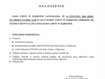 Ogłoszenie o XX/2026 nadzwyczajnej sesji Rady Gminy w Dąbrowie