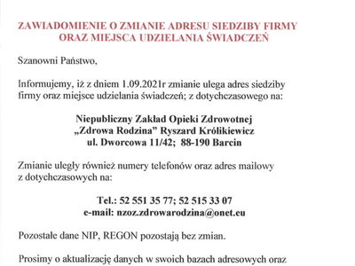 Zmiana siedziby i udzielania świadczeń