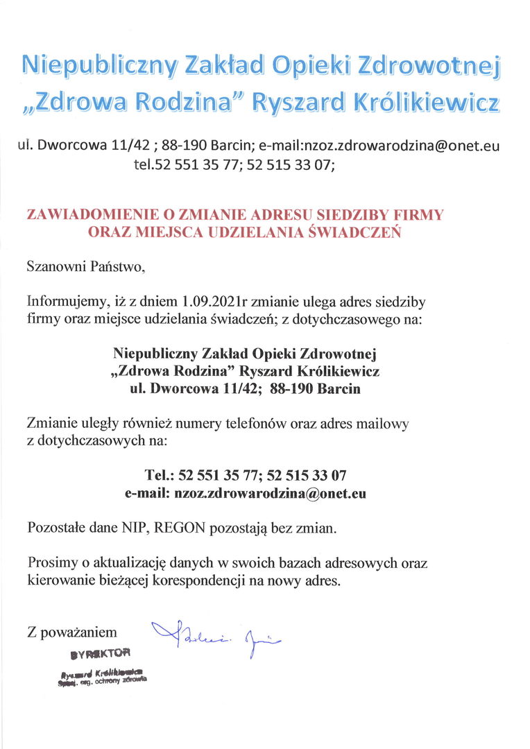 Zmiana siedziby i udzielania świadczeń